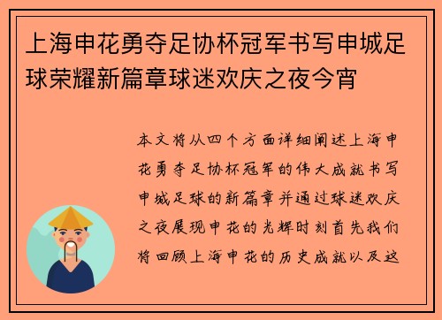 上海申花勇夺足协杯冠军书写申城足球荣耀新篇章球迷欢庆之夜今宵
